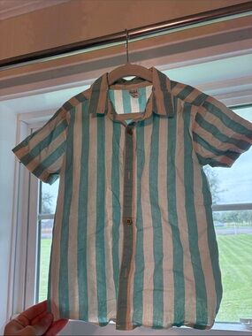 Carter's Short-Sleeve Vertical Stripe Button-Up Shirt - Teal & Beige